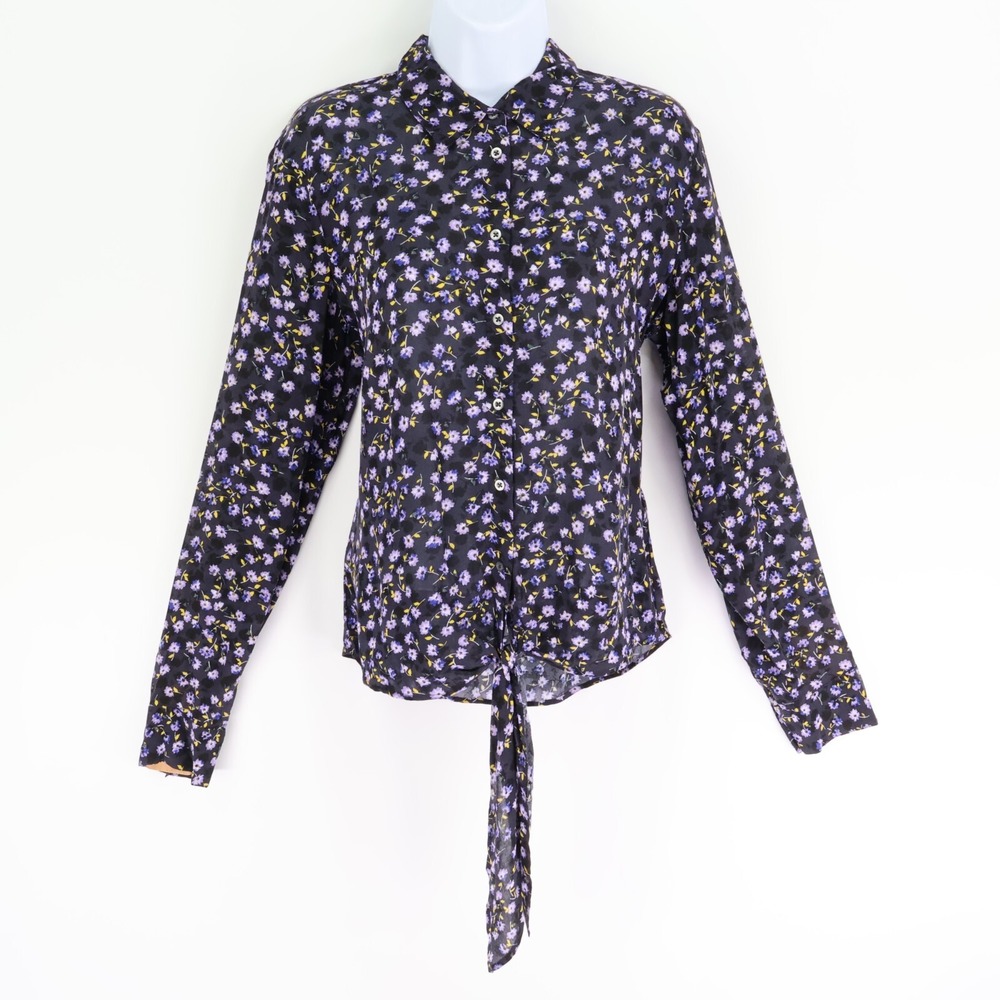 Banana Republic Button Up Blouse Womens M Black Purple Floral Front Tie NWT $78